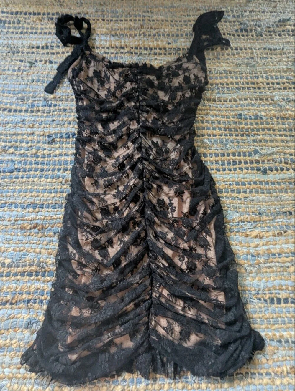 NWT Lulus Black Nude Lace Ruched Mesh Mini Dress M Sheer Goth Coquette 90s Vamp - Picture 2 of 11